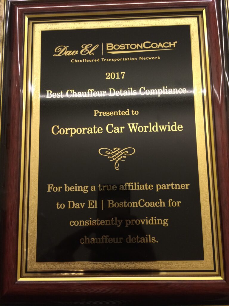 2017 Best Chauffeur Details Compliance award plaque presented to Corporate Car Worldwide by Dav El | BostonCoach